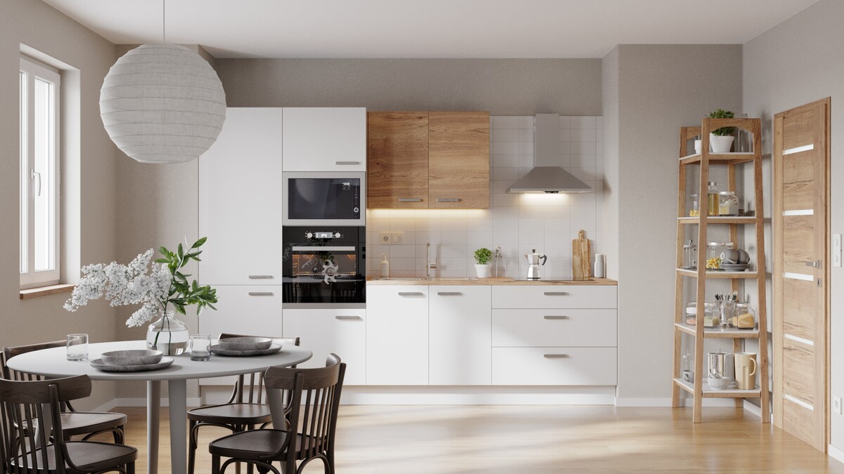 Kuchyňská linka Naturel 300 cm lesk bílá/dub EASYBLOK27B Naturel