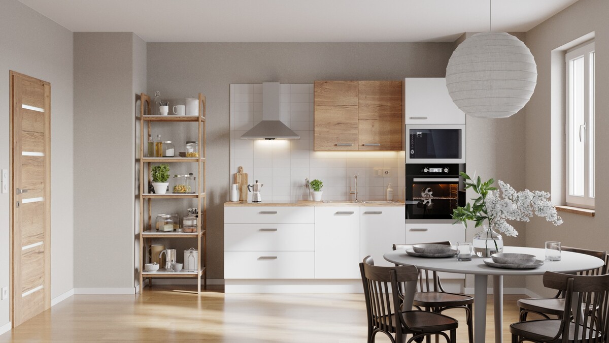 Kuchyňská linka Naturel 240 cm lesk bílá/dub se spotřebiči Electrolux EASYBLOK20EL Naturel