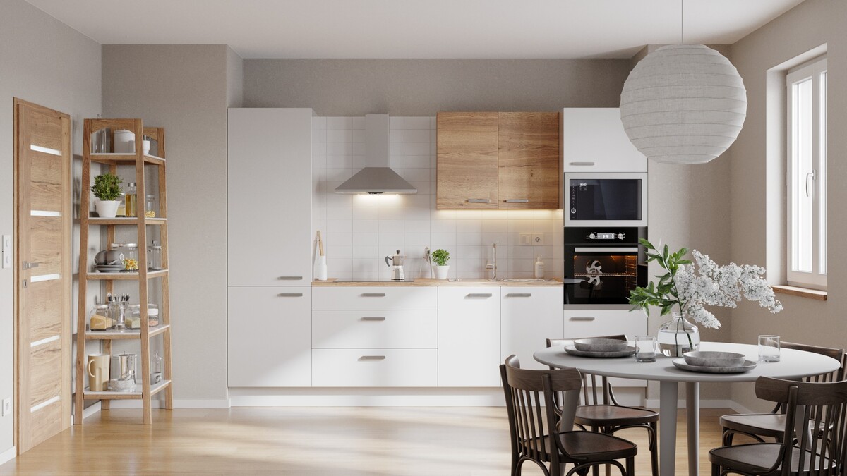 Kuchyňská linka Naturel 300 cm lesk bílá/dub se spotřebiči Electrolux EASYBLOK24EL Naturel