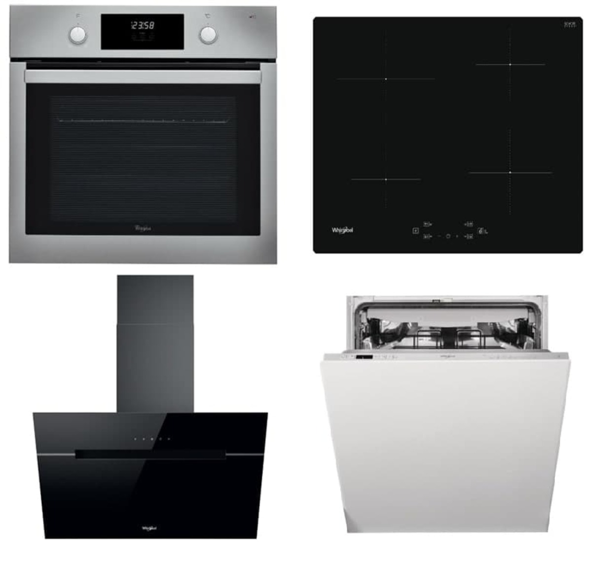 Akční set spotřebičů Whirlpool trouba AKP745IX + indukční deska WSQ7360NE + komínový odsavač par WHVP62FLTSK + vestavná myčka nádobí WIC3C26F Whirlpool